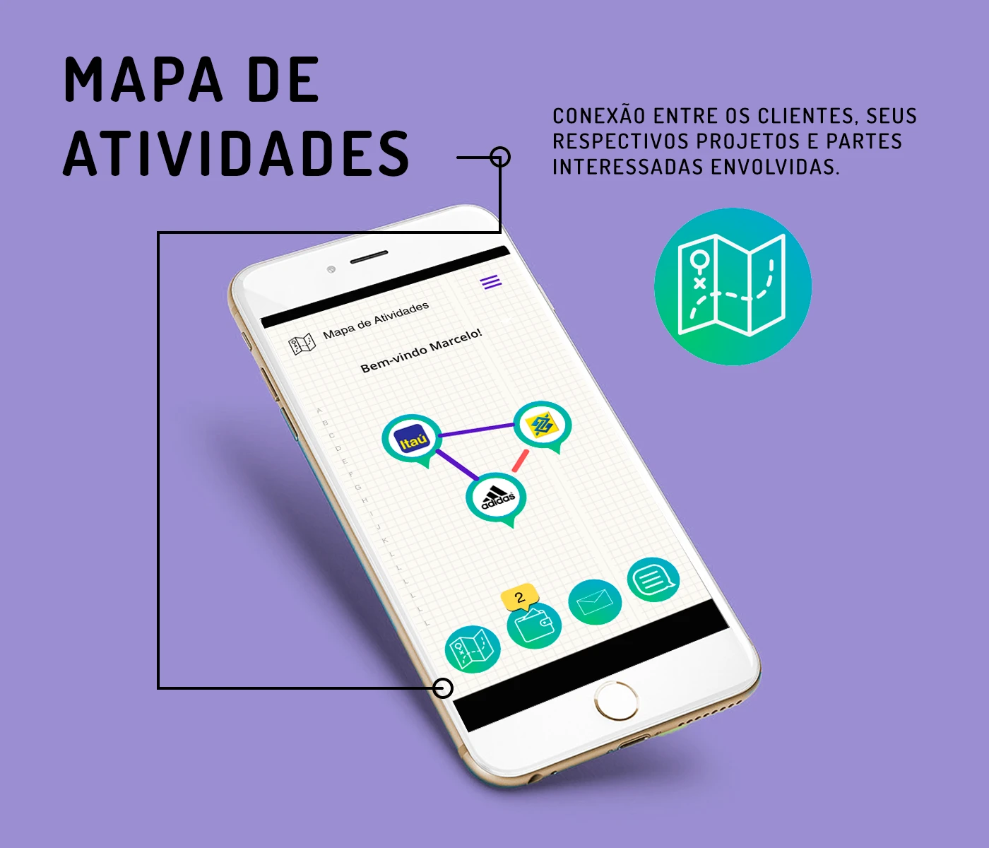 Tela do app Mapa de Atividades conectando o gestor a clientes, projetos e profissionais