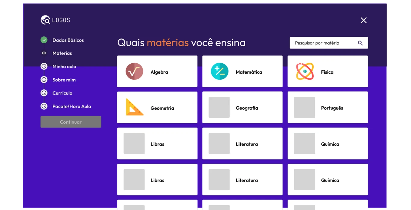 Kit de botões do LOGOS com variações de roxo claro, roxo escuro, contorno e desabilitado, em tamanhos grande e pequeno